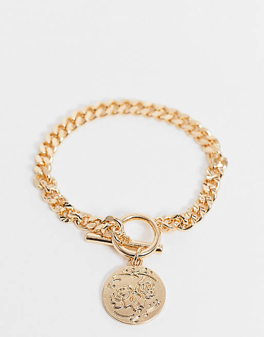 ASOS DESIGN bracelet with coin t bar in gold tone