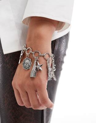 Asos Design Bracelet With Eclectic Charm Details In Silver
