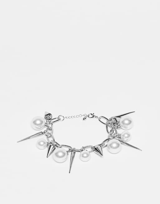 ASOS DESIGN bracelet with faux pearls and spikes in silver tone