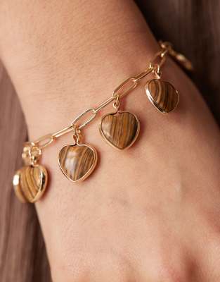 Asos Design Bracelet With Faux Tigers Eye Heart Charms In Gold