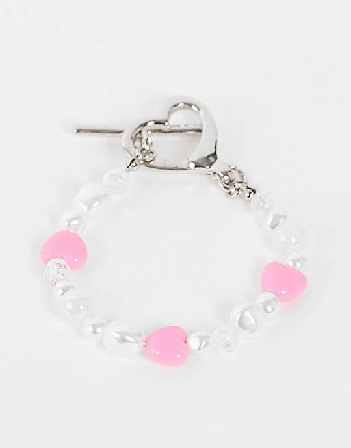 ASOS DESIGN bracelet with iridescent beads and heart t-bar