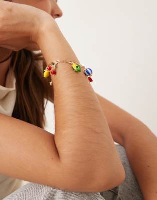 Asos Design Bracelet With Paperclip Chain And Fruit And Veggie Charms In Gold