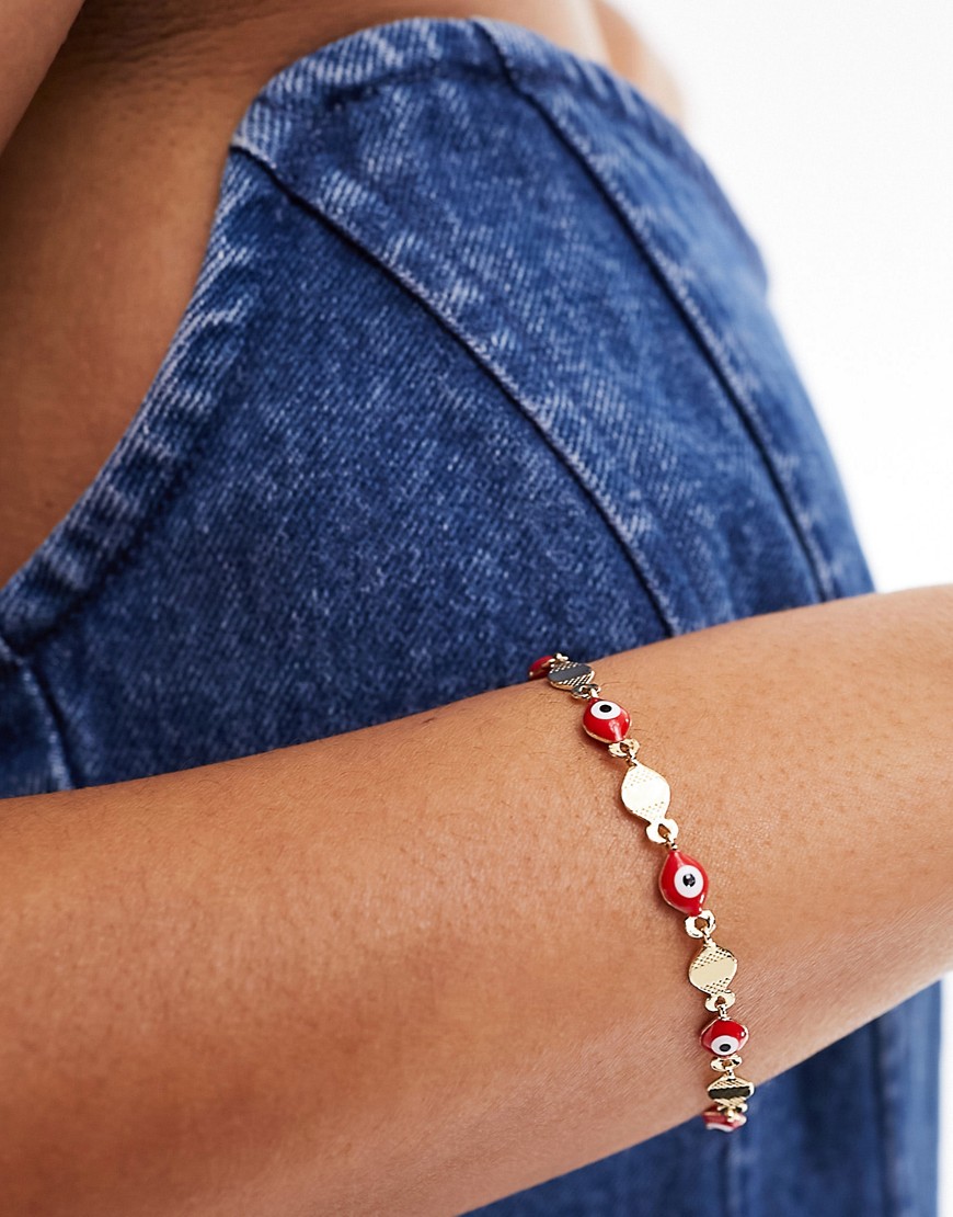 ASOS DESIGN bracelet with red eye bead detail in gold tone