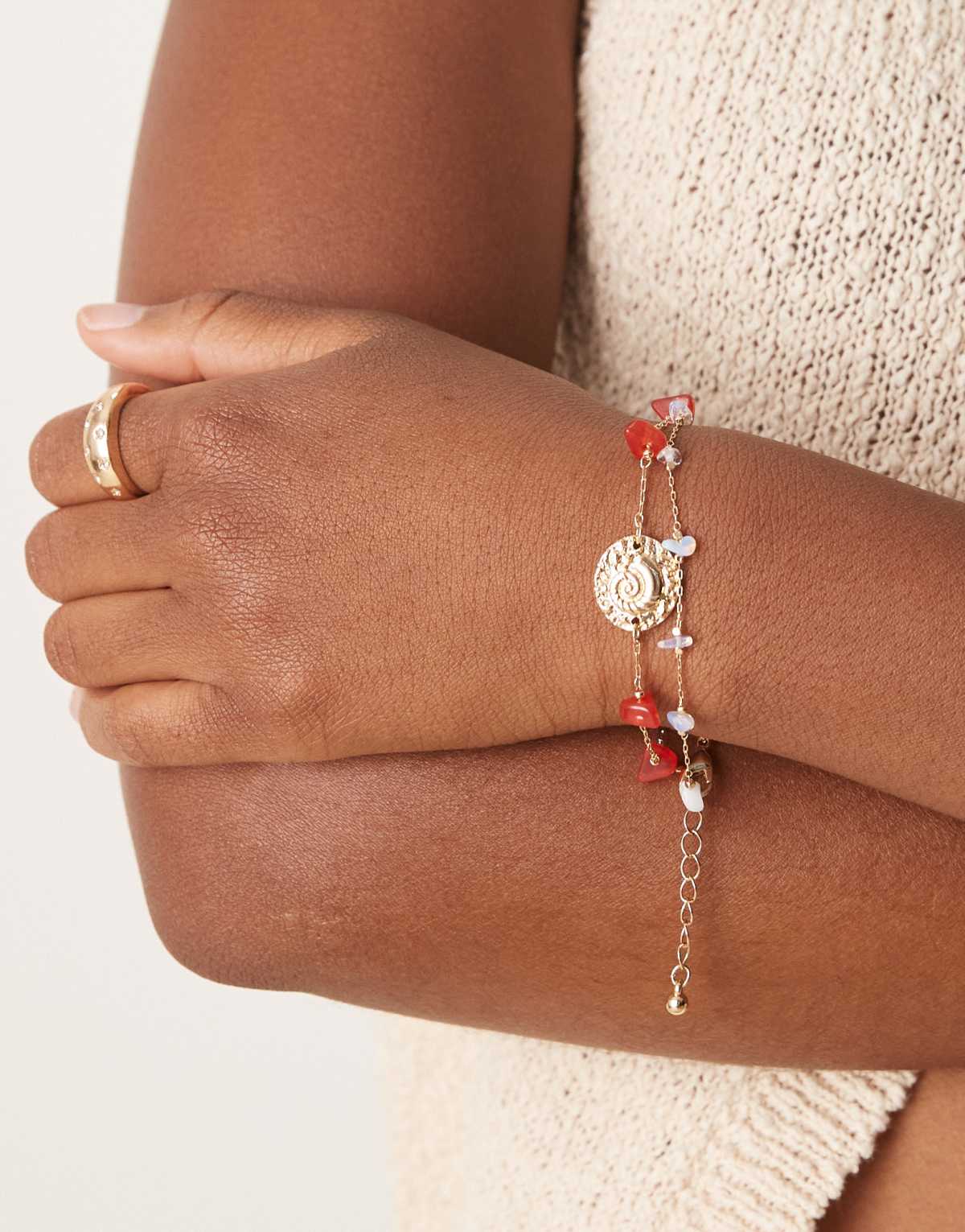 ASOS DESIGN bracelet with shell pendant and faux semi precious stones in gold tone