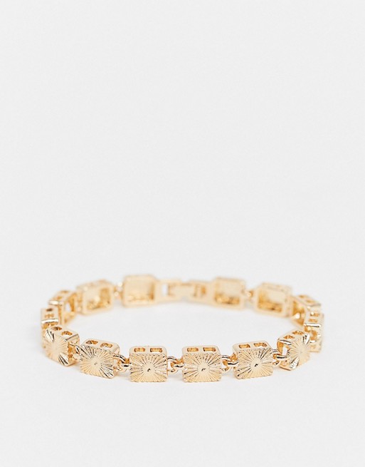 ASOS DESIGN bracelet with vintage style engraved tab chain in gold tone