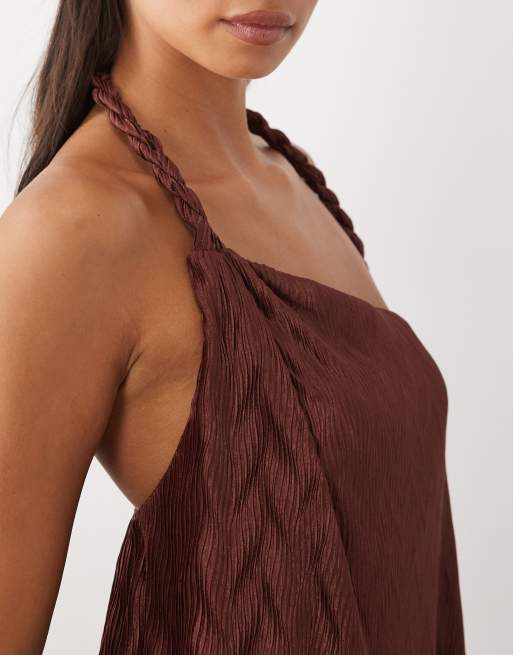 ASOS DESIGN braided detailing halter neck plissé bubble dress in chocolate, 3 of 4