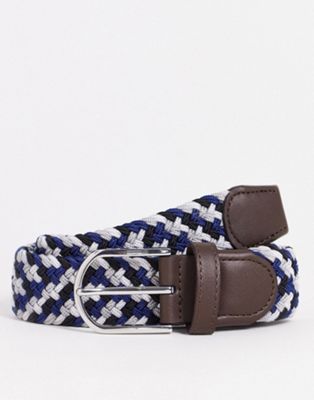 ASOS DESIGN braided woven belt in blue and grey