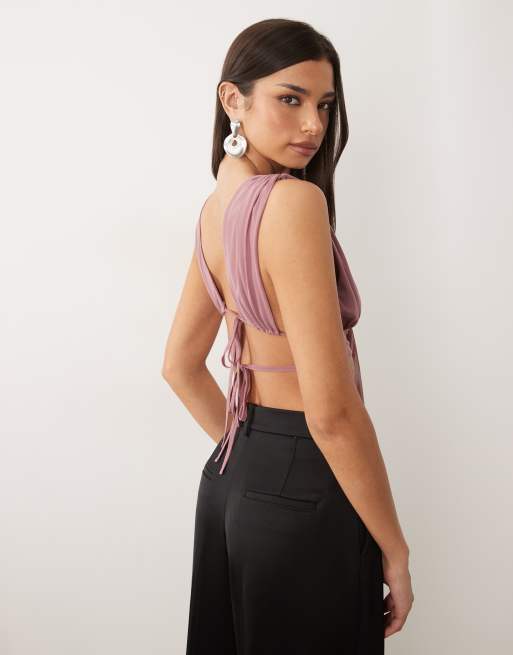 ASOS DESIGN - Bralette-top van mesh met gestrikte voorkant en sjaaldetail in beige, 3 van 4