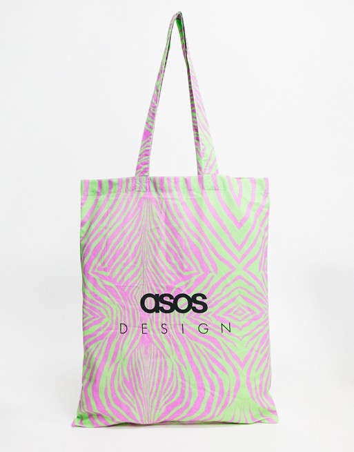 ASOS DESIGN branded organic cotton tote bag in hyper zebra print
