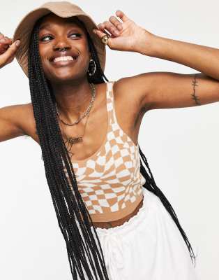 ASOS DESIGN co-ord bralet in distorted check pattern in camel - ASOS Price Checker