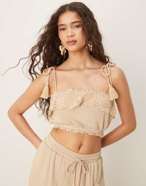ASOS DESIGN - Brassière color pietra stropicciata con finiture in pizzo e spalline annodate in coordinato