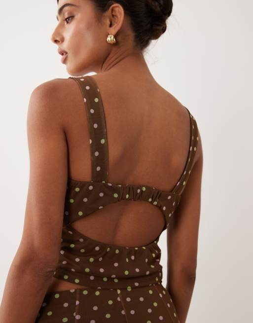ASOS DESIGN - Brassière in rete marrone a pois in coordinato, 4 di 4