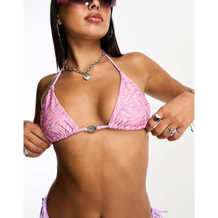 ASOS DESIGN Bratz collab triangle bikini top with hardware in pink