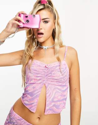 ASOS DESIGN - Bratz - Lizenziertes Camisole mit geschlitzter Vorderseite, Spitzenbesatz und Muster, Kombiteil-Bunt