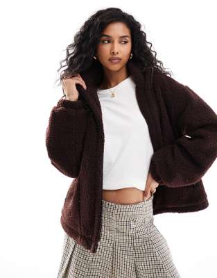 ASOS DESIGN - Braune Oversize-Jacke aus Teddyfell mit Stehkragen-Brown