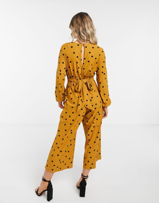 Asos Design Brauner Langarm Jumpsuit Aus Jersey Mit Wickeldesign Vorn Und Punktemuster Asos