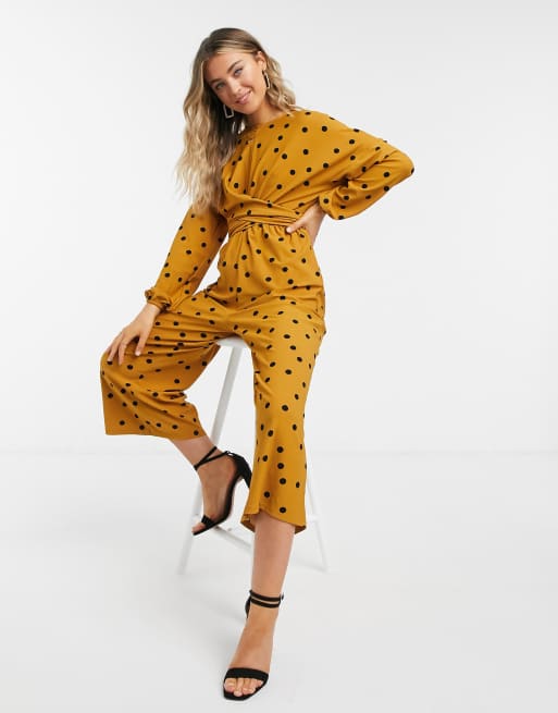 Asos Design Brauner Langarm Jumpsuit Aus Jersey Mit Wickeldesign Vorn Und Punktemuster Asos