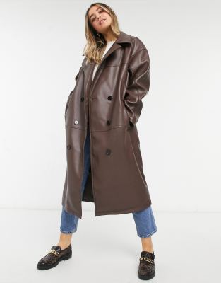 asos design -  – Brauner Oversize-Mantel in Lederoptik