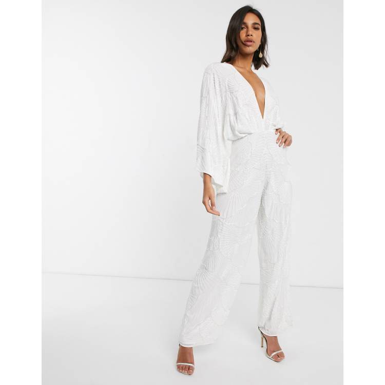 ASOS DESIGN Braut Jumpsuit in WeiB mit Perlenverzierung Kimono Armeln und weitem Beinschnitt ASOS