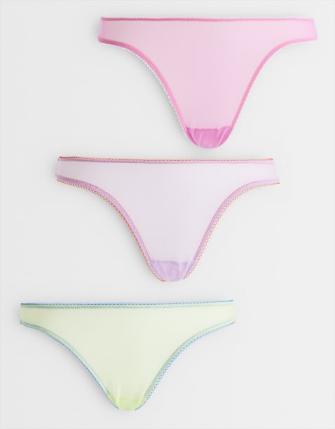 ASOS DESIGN – Brazilian-Slips aus transparentem Netzstoff in Rosa, Blau und Limettengrün mit hohem Beinausschnitt und Kontrastbesatz, 3er-Pack - view 1