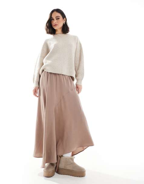 ASOS DESIGN asymmetric midi skirt in cupro in brown