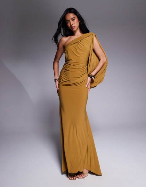 ASOS DESIGN premium asymmetric one sleeve maxi dress with draped back in bronze