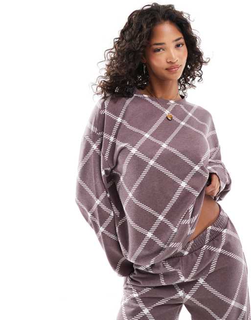 ASOS DESIGN – Brązowa bluza dresowa oversize z nadrukiem w kratę na całej powierzchni, część zestawu