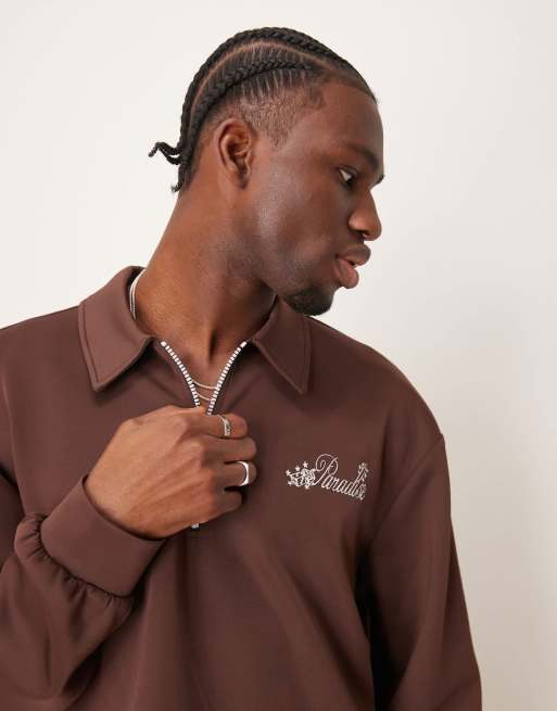 ASOS DESIGN – Brązowa bluza o krótszym kroju oversize z materiału nurek, z kołnierzykiem polo i haftem na piersi
