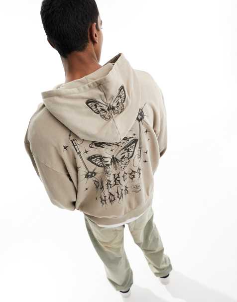 ASOS DESIGN – Brązowa bluza z kapturem oversize z nadrukiem na plecach i wyhaftowanym motylem na kapturze - view 1