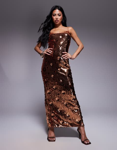 ASOS DESIGN sequin lace trim cami maxi dress with 3D embellishment in bronze