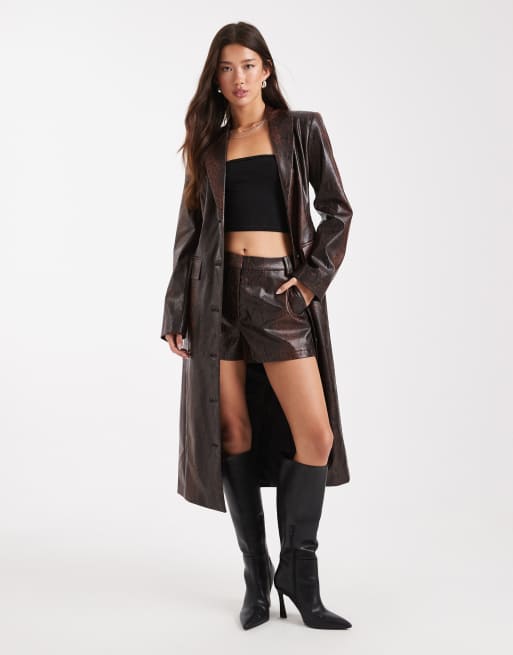 ASOS DESIGN – Brązowa długa elegancka marynarka z imitacji skóry we wzór skóry węża, część zestawu