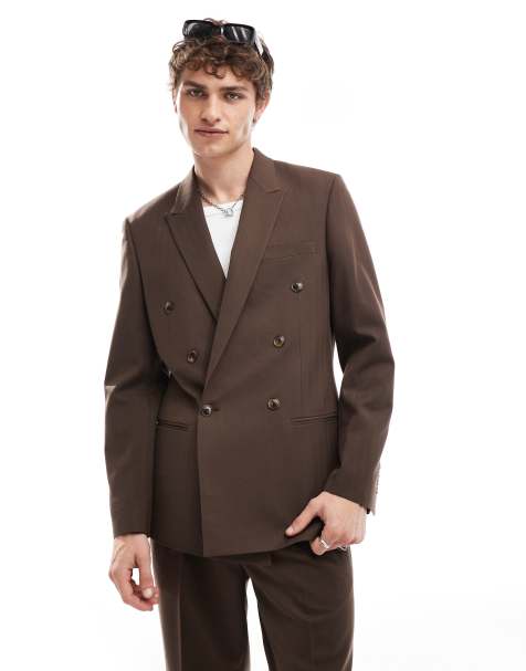 ASOS DESIGN – Brązowa dwurzędowa marynarka w jodełkę - view 1