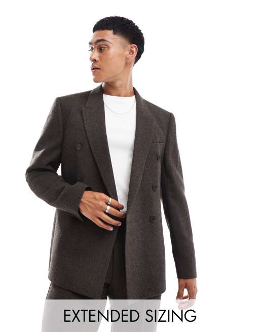 ASOS DESIGN – Brązowa dwurzędowa marynarka z domieszką wełny we wzór w jodełkę