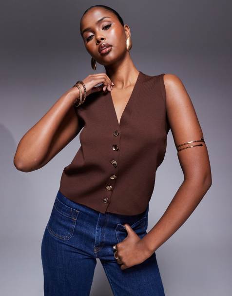 ASOS DESIGN compact knitted waistcoat with metal buttons in brown