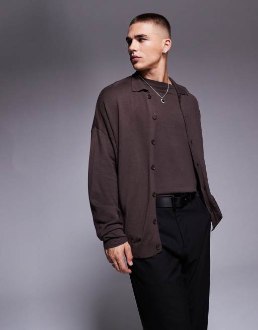 ASOS DESIGN – Brązowa dzianinowa koszula polo o luźnym kroju z długimi rękawami i zapięciem na guziki