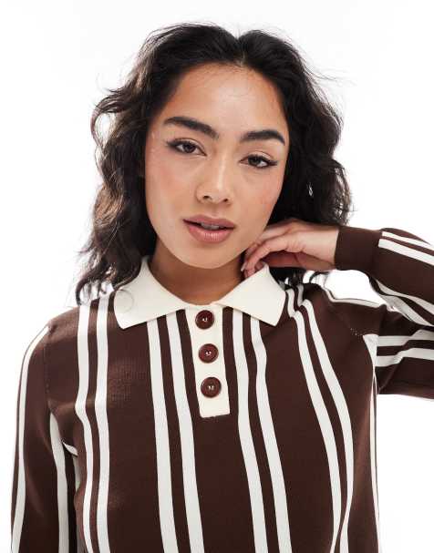ASOS DESIGN compact knitted polo top in brown stripe