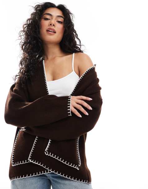 ASOS DESIGN knitted shacket with blanket stitch detail in brown