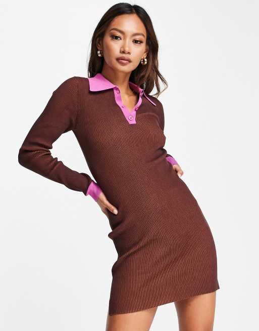 ASOS DESIGN – Brązowa dzianinowa sukienka mini z kontrastowym kołnierzem – część zestawu