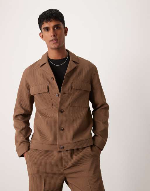 ASOS DESIGN – Brązowa elegancka prążkowana marynarka o kroju koszuli, część zestawu