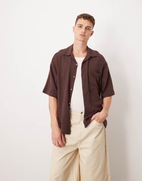 ASOS DESIGN boxy textured revere regular shirt in brown