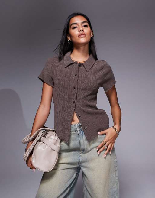 ASOS DESIGN – Brązowa fakturowana koszula z krótkimi rękawami i zapięciem na guziki