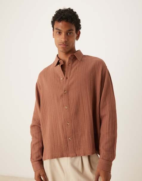 ASOS DESIGN oversized cheesecloth textured shirt in brown