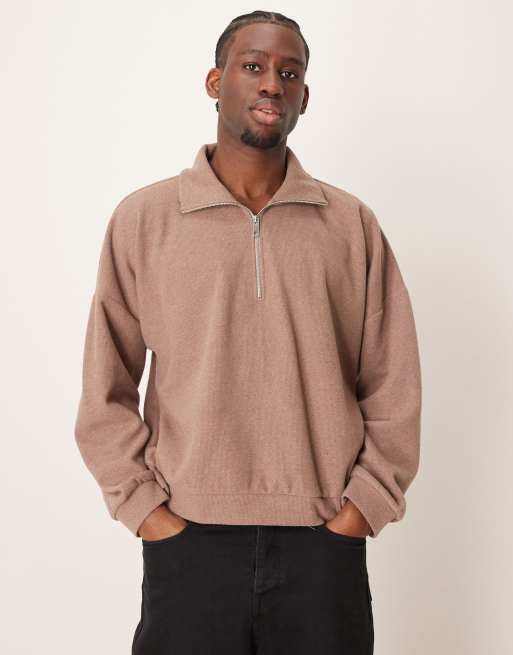 ASOS DESIGN – Brązowa gruba prążkowana bluza z wysokim kołnierzem o pudełkowym kroju super oversize ze szczotkowanego materiału