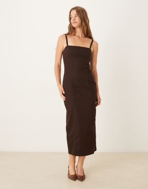 ASOS DESIGN – Brązowa jeansowa sukienka midaxi z dekoltem typu halter - view 1