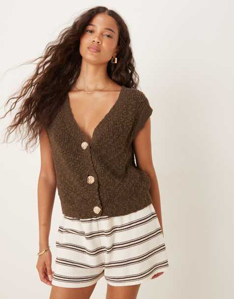 ASOS DESIGN slub yarn waistcoat with gold floral buttons in brown 