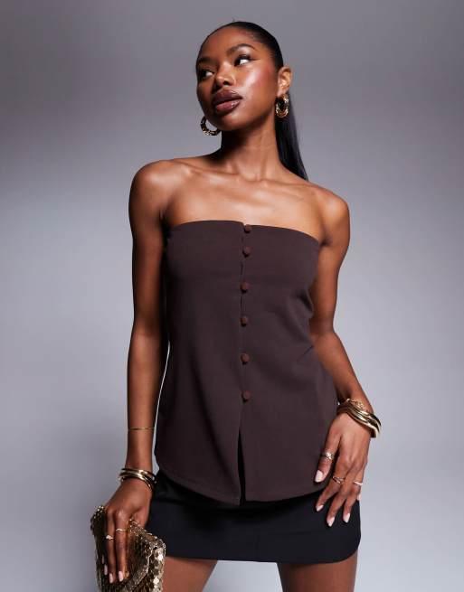 ASOS DESIGN – Brązowa kamizelka o wydłużonym fasonie z dekoltem bandeau i zapięciem na guziki