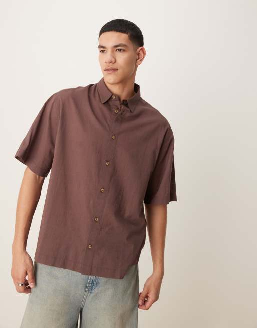 ASOS DESIGN – Brązowa koszula o pudełkowym kroju oversize z materiału o wyglądzie lnu