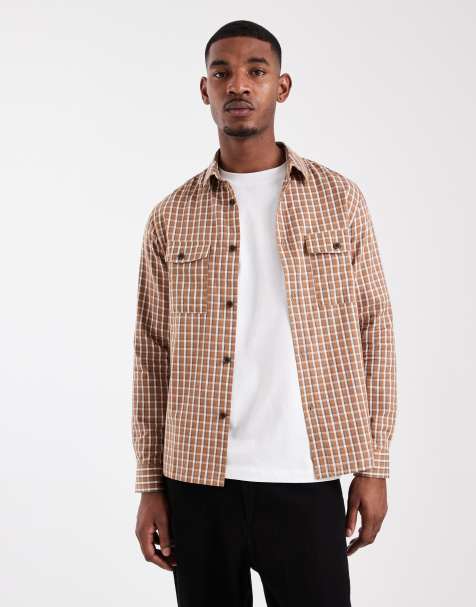 ASOS DESIGN regular fit check shirt in brown