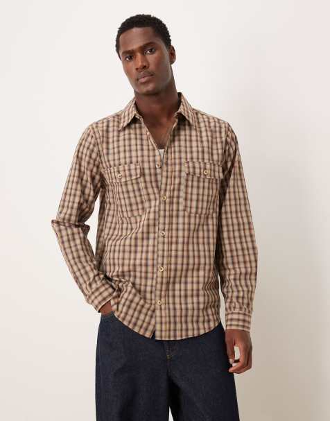 ASOS DESIGN regular fit check shirt in brown