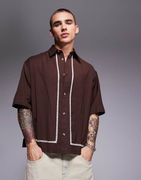 ASOS DESIGN boxy oversized shirt with crochet detail in brown